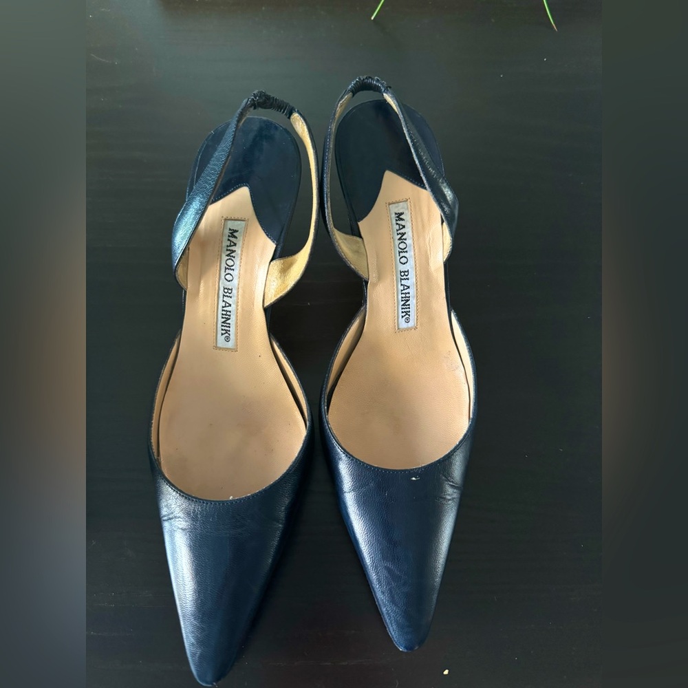 Manolo Blahnik black sling back kitten heels